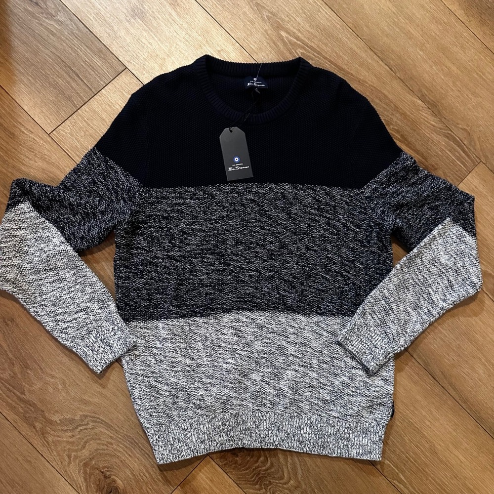 Ben Sherman Mens Color Block Crew Neck Sweater Navy Grey New